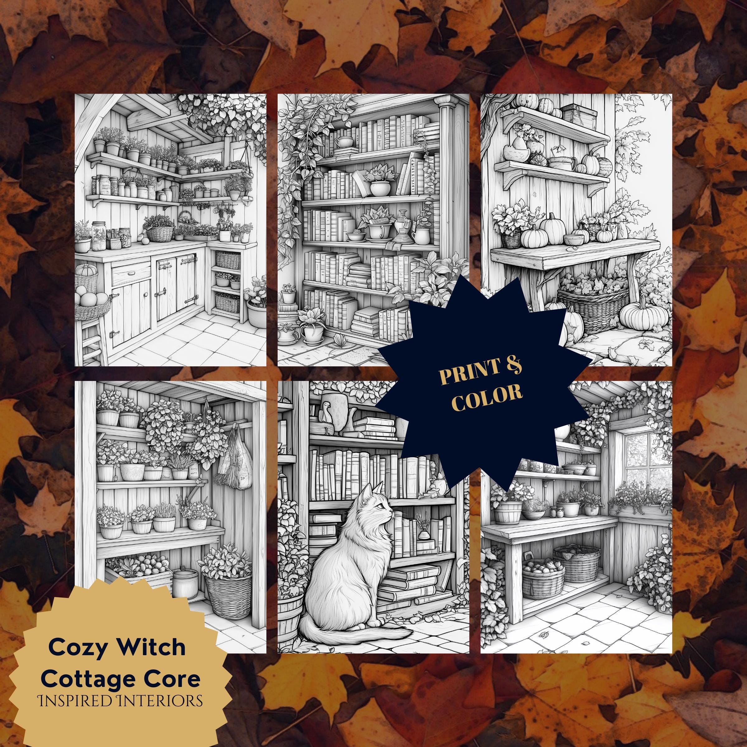 Cozy Witch Cottage Core Coloring Pages: Autumn Interiors (printable PDF ...