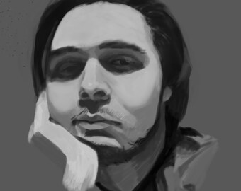 May include: A grayscale portrait painting of a person with dark hair and a short beard, resting their chin on their hand. The artwork uses shading to create depth and dimension, with a focus on the face and upper body against a gray background.