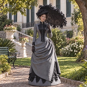 May include: A long-sleeved dress featuring a grey and black vertical striped pattern with a high collar, a fitted bodice with a central row of buttons, and a voluminous skirt with draped fabric. The ensemble includes a black hat and a black lace parasol.