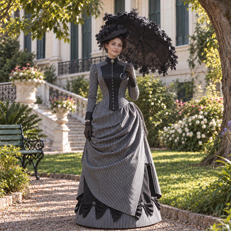 May include: A long-sleeved dress featuring a grey and black vertical striped pattern with a high collar, a fitted bodice with a central row of buttons, and a voluminous skirt with draped fabric. The ensemble includes a black hat and a black lace parasol.