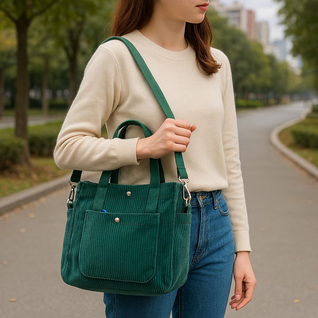 Soft Corduroy Tote Bag for Women, Stylish Small Black, Blue
