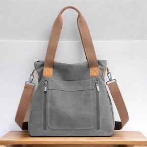 Sac en toile polyvalent - Cabas pour femme avec bretelles réglables, plusieurs poches - Gris, café, noir - Sac à main bohème, minimaliste, moderne