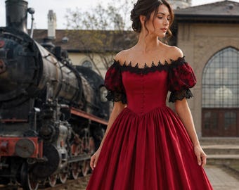 Victorian Dress, Fantasy Ball Gown, Gothic Corset, Black Lace, 19th Century Costume, Dark Academia