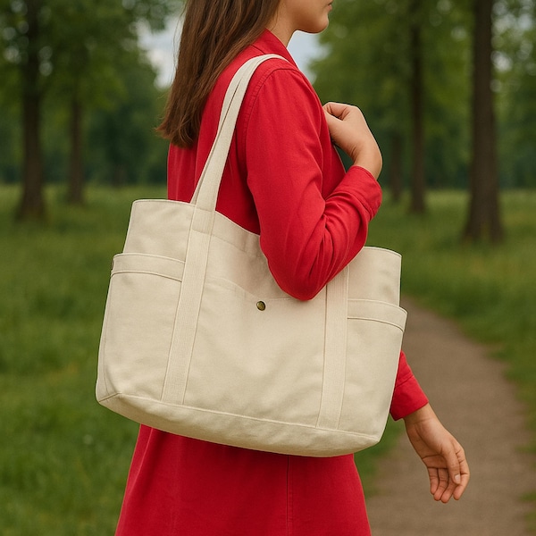 Large Canvas Tote Bag – Minimalist Multi Pocket Commuter Bag