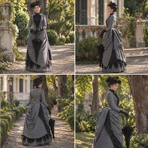May include: A floor-length dress featuring a black and white pinstripe pattern, a high collar, long sleeves, and a voluminous skirt with black fabric accents. The ensemble includes a matching black hat and a black umbrella held in one hand.