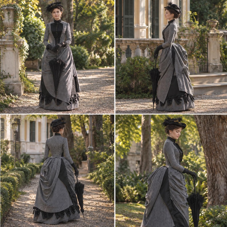 May include: A floor-length dress featuring a black and white pinstripe pattern, a high collar, long sleeves, and a voluminous skirt with black fabric accents. The ensemble includes a matching black hat and a black umbrella held in one hand.