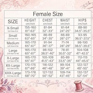 May include: A size chart table titled Female Size with columns for height, chest, waist, and hips in both centimeters and inches. The chart lists sizes from X-Small to XXX-Large, including corresponding US sizes from 0-2 up to 22-24, on a light background.