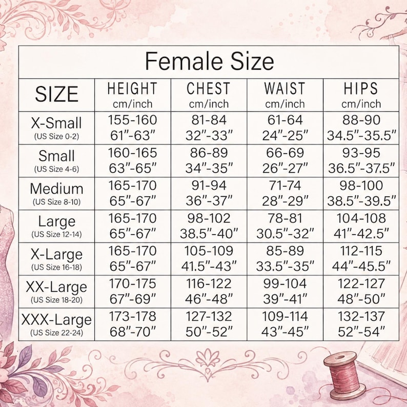 May include: A size chart table titled Female Size with columns for height, chest, waist, and hips in both centimeters and inches. The chart lists sizes from X-Small to XXX-Large, including corresponding US sizes from 0-2 up to 22-24, on a light background.