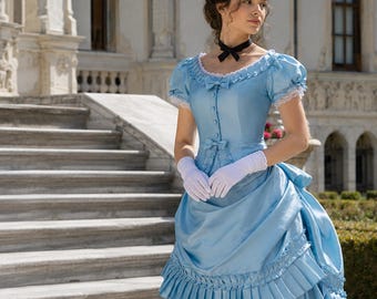 Blue Victorian Dress, Fantasy Ball Gown, 19th Century Costume with Ruffled Bustle Skirt