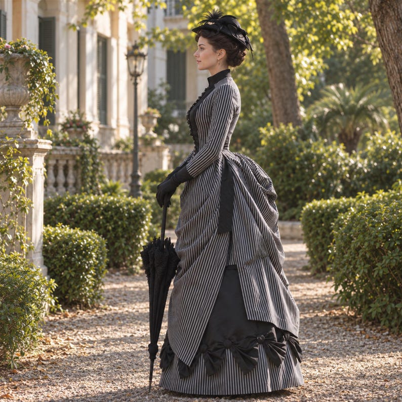 May include: A long-sleeved dress featuring a grey and black vertical striped pattern, a high collar, and a voluminous skirt with gathered fabric details. The ensemble includes a black hat with decorative elements, black gloves, and a black umbrella.