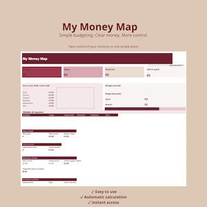 Può includere: Un pianificatore di budget digitale intitolato My Money Map con uno schema di colori bordeaux e rosa chiaro. L'interfaccia include sezioni per entrate, spese, risparmi e debiti con campi per budget mensili e obiettivi in euro.
