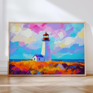 Impresión artística de un faro vibrante / Paisaje costero colorido / Impresión artística de la costa atlántica / Pintura imprimible de un faro blanco / Impresión marítima