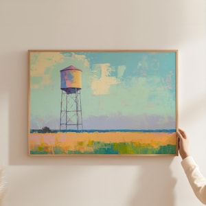 Water Tower Art Print | Rural Landscape | Farmyard Print | Printable Prairie Painting | Small Town Wall Art | Texas Art Print | Country Art