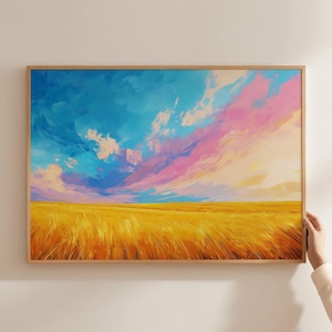 Prairie Sky and Fields Art Print | Rural Wheat Field Print | Sunrise Sky Wall Art | Sunset Painting | Printable Wall Art | Rural Landscape