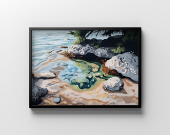 Tidal Pool Print | Neutral Marine Print | Seaside Rock Pool Artwork | Printable Oceanside Art | Tide Pool Painting | Sea Life Art Print