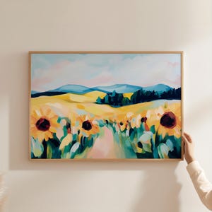 Sonnenblumenfeld Poster | Abstrakte Blumen Kunst | Sonnenblume Gemälde | Druckbare Wandkunst | Buntes Blumenfeld Landschaft | Gelb Dekor