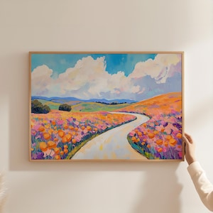 Flower Meadow Art Print | Poppy Field Painting | Floral Wall Art | Printable Flower Art | Country Drive Print | Summer Landscape Print