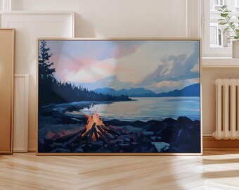Beach Bonfire Art Print | West Coast Trail Poster | Beach Camping Print | Printable Campfire Painting | Surf Lifestyle Print | Hiking Art