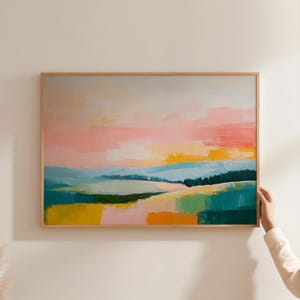 Färgglatt abstrakt kullartryck | Modern abstrakt landskapsmålning | Smaragdgrön och rosa väggdekor | Utskrivbar sommarlandsbygdskonst