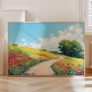 Country Road Print | Colorful Country Wildflower Meadow Painting | Printable Art | Modern Landscape Print | Colorful Cottage Style Art Print