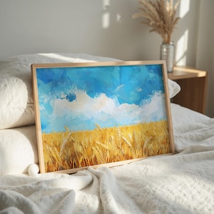 Wheat Field Painting | Rural Landscape | Country Home Decor | Printable Blue Skies and Golden Fields Wall Art | Wheat Art Print | Farm Art