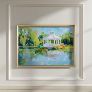 Sommer Park Poster | Frühling Garten Gazebo Print | Teich Landschaft Kunst | City Park Picknick Druck | Druckbare Wandkunst | Botanischer Garten Kunstdruck