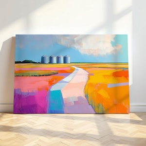 Country Landscape Art Print | Farm Silo Wall Art | Barn Painting | Midwest | Printable Farmhouse Gallery Wall Print | Farming | Colorful Art