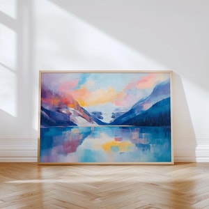 Lake Louise Art Print | Colorful Mountain Sunset Painting | Printable Lake Scene Wall Art | Banff National Park Landscape | Alberta Wall Art