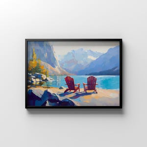 Lake Landscape Print | Adirondack Chairs Print | Muskoka Chair Art | Printable Lake Painting | Lakehouse Decor | Cottage Scene Art Print