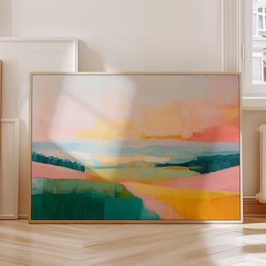 Modern abstrakt väggkonst | Färgglad landskapsmålning | Utskrivbar landsbygdskonst | Smaragdgrön och rosa väggdekor | Ljus sovrumskonst