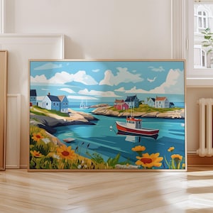 May include: A colourful painting depicting a seascape with a red fishing boat in the foreground. The boat is moored in a small cove with houses on the shore. The sky is blue with white clouds and the water is a turquoise blue.