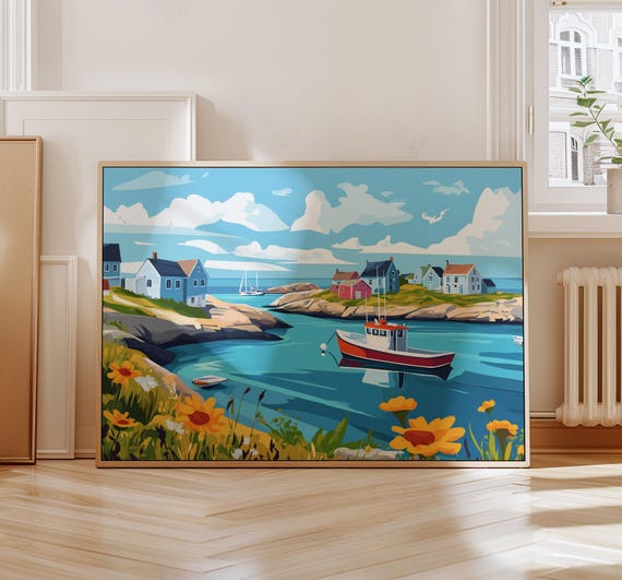 Fishing Village Art Print | Colorful Maritimes Wall Art | East Coast Scenery | Printable Art | Coastal Cottage Decor | Nautical Art Print