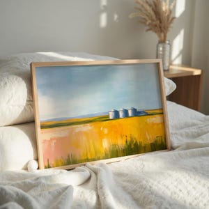 Farm Landscape Print | Prairie Grain Silo Art Print | Rural Farm Wall Art | Printable Yellow Field Art | Modern Farmhouse | Country Decor