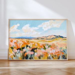 May include: A painting of a field of wildflowers in shades of pink, orange, and yellow. The field is set against a backdrop of rolling hills and a blue sky with fluffy white clouds.