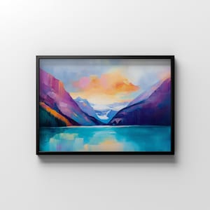 Colorful Mountain Lake Art Print | Lake Louise Poster | Printable Minimalist Mountain Print | Lake Sunset Wall Art | Banff Landscape Art