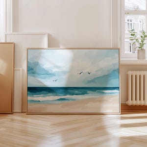 Minimalist Seascape Print | Muted Beach Wall Art | Seabird Print | Blue Art Print | Printable Marine Artwork | Nautical Home Decor | Seagull