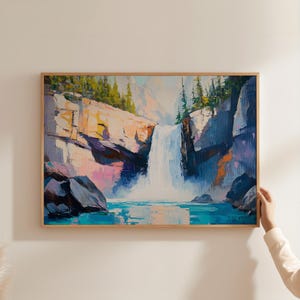 Modern Waterfall Art Print | Mountain River Wall Art | Printable Nature Art | Modern Cabin Decor | Colorful Landscape Print | Lodge Decor
