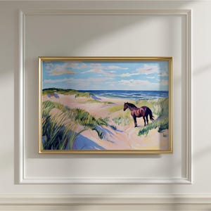 Outer Banks Wild Horses Print | Horse on Beach Painting | Neutral Apartment Prints | Printable Horse Wall Art | Sable Island Horses Print