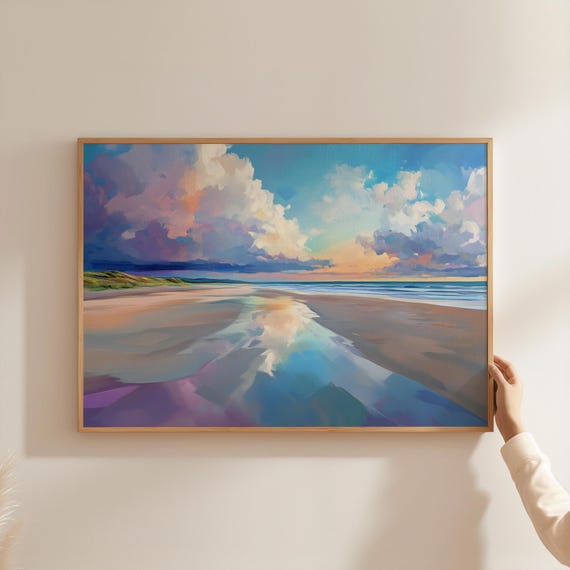Summer Beach Art | Evening Shoreline Print | Pastel Purple Coastal Sunset Wall Art | Printable Ocean Painting | Romantic Beach Walk Art