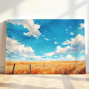 Prairie Sky Art Print | Printable Landscape Art | Colorful Farmhouse Art | Alberta Landscape Print | Golden Field & Blue Sky | Country Art