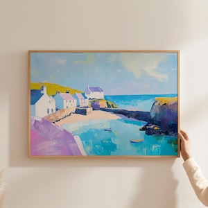Cornish Village Print | English Cottage Art Print | Quaint Seaside Village Scene | Printable Seashore Painting | Pastel England Travel Print