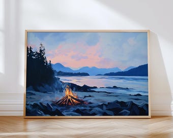 Beach at Night Art Print | Tofino Beach Bonfire Print | Vancouver Island Camping Print | Printable Campfire Painting | Beach Party Print