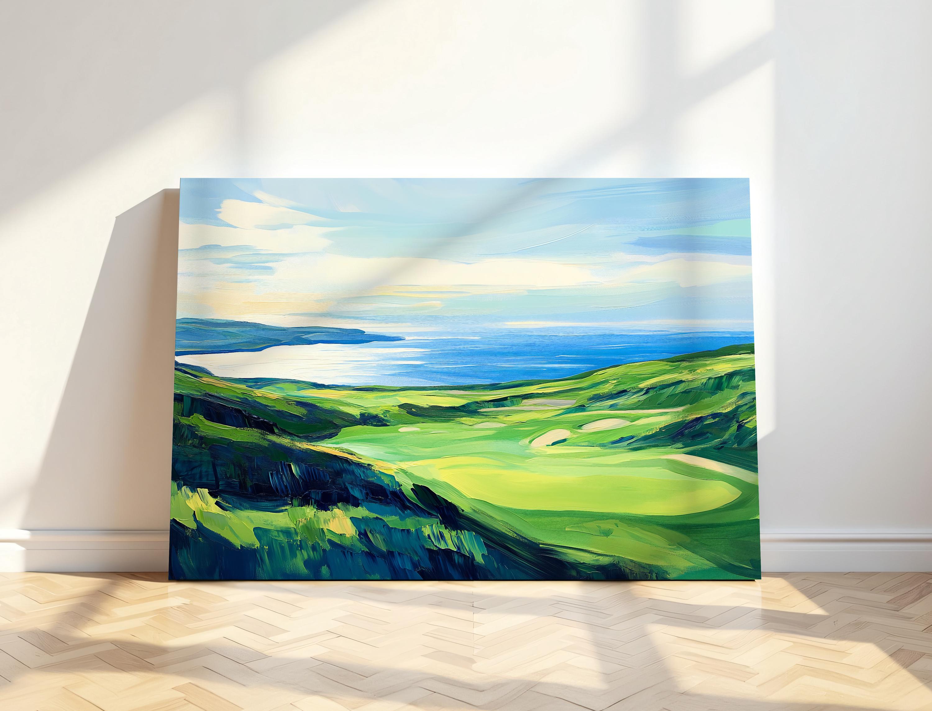 Abstract Golf Course Art Print | Office Wall Art | Printable Golf Painting | Green Landscape Print | Lakeside Golf Course | Golf Home Decor