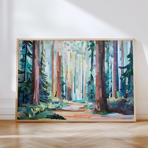 Redwood Forest Print | California National Parks Landscape Art | Printable Sequoia Tree Artwork | Forest Path Wall Art | Modern Tree Art