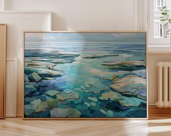 Coastal Scenery Print | Tide Pool Art | Blue Coastal Artwork | Nautical Bedroom Decor | Printable Coastline Wall Art | Blue Bathroom Print