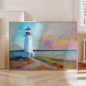 Impresión artística de faro blanco / Impresión de puesta de sol en el océano / Arte mural costero / Decoración de casa de playa / Pintura de faro imprimible / Arte de la costa atlántica