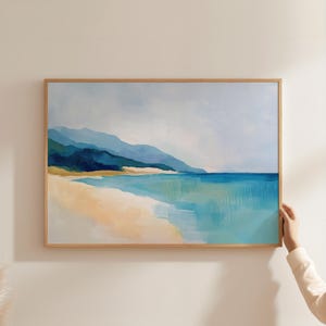 Simple Beachscape Print | Blue Ocean Wall Art | Minimalist Coastal Art | Printable Abstract Beach Print | Neutral Muted Nautical Wall Art