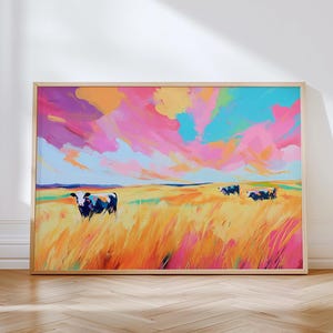 Modern Colorful Cow Painting | Pastoral Field Print | Vibrant Farm Scene Print | Printable Farm Animal Art | Pasture Landscape | Cow Print