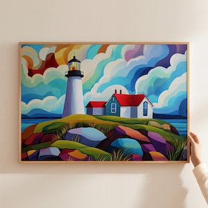 Colorful Lighthouse Art Print | Nautical Wall Art | Coastal Home Decor | Printable Wall Art | Lighthouse Painting | Maritimes Art Print