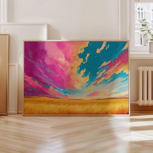 Sunset Artwork | Pink Sky Print | Prairie Wheat Field Wall Art | Colorful Country Style Decor | Printable Farmhouse Art Print | Sky Painting
